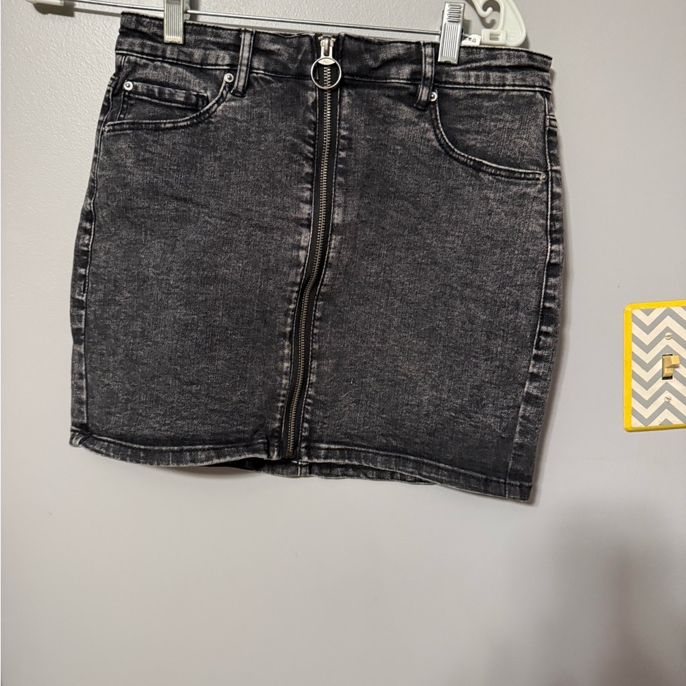 Garage Charcoal Wash Zip-Front Denim Mini Skirt